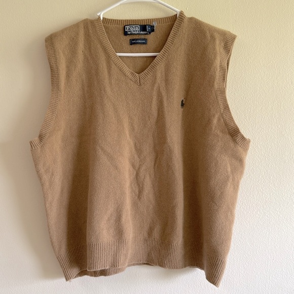 Polo Ralph Lauren Vintage Tan V Neck Green Pony Logo Lambswool Sweater Vest - Picture 1 of 9